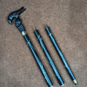 May include: A three-piece walking stick featuring a black handle shaped like a bird head and a skull. The shaft is black with a white lightning bolt pattern and includes metal screw connectors to assemble the segments into a single cane.