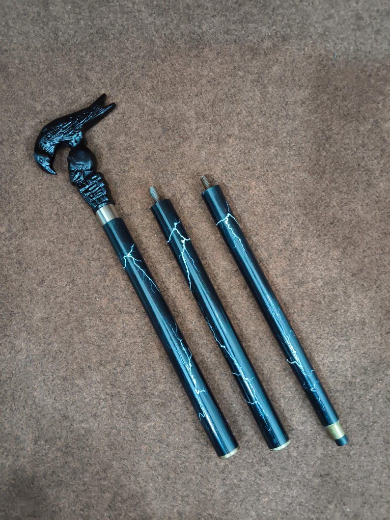 May include: A three-piece walking stick featuring a black handle shaped like a bird head and a skull. The shaft is black with a white lightning bolt pattern and includes metal screw connectors to assemble the segments into a single cane.