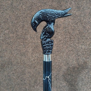 May include: A black walking cane featuring a handle shaped like a raven perched atop a human skull, which rests on a brick-patterned base. The shaft is black with a white lightning bolt pattern and includes a silver-colored metal collar connector.