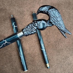 May include: A black walking stick with a white lightning bolt pattern and a metallic silver connector. The handle is a detailed black carving of a raven perched atop a skull. Two additional black shaft segments with white lightning patterns are included.