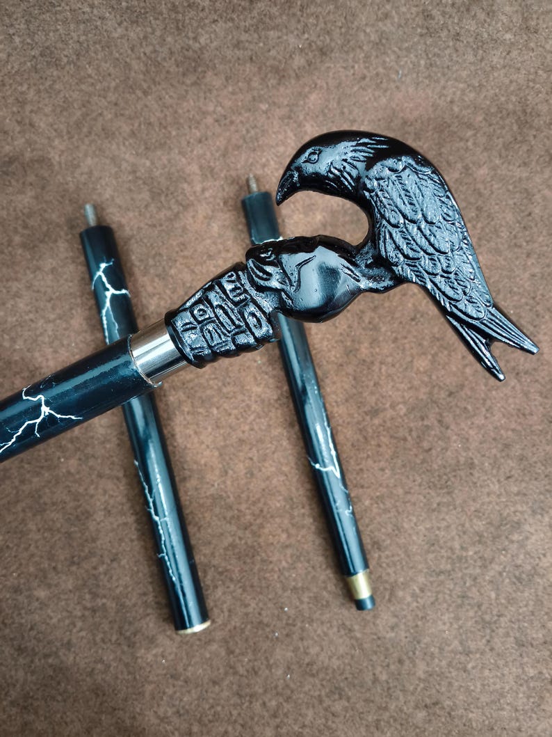 May include: A black walking stick with a white lightning bolt pattern and a metallic silver connector. The handle is a detailed black carving of a raven perched atop a skull. Two additional black shaft segments with white lightning patterns are included.