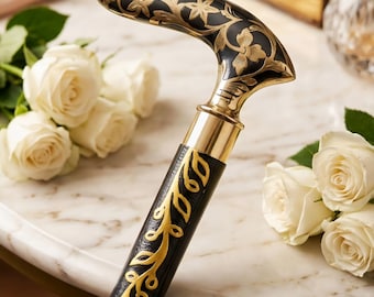 Luxury Floral Walking Cane, Engraved Brass Handle, Handcrafted Wooden Walking Stick, Women's Gift