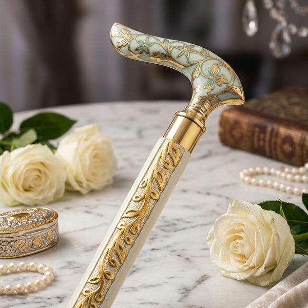 Luxury Floral Walking Cane, Engraved Brass Handle, Handcrafted Wooden Shaft, Victorian Style Women's Gift
