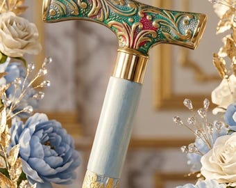 Hand Carved Floral Walking Cane: Luxury Wooden Walking Stick, Engraved Brass Handle, Women's Gift