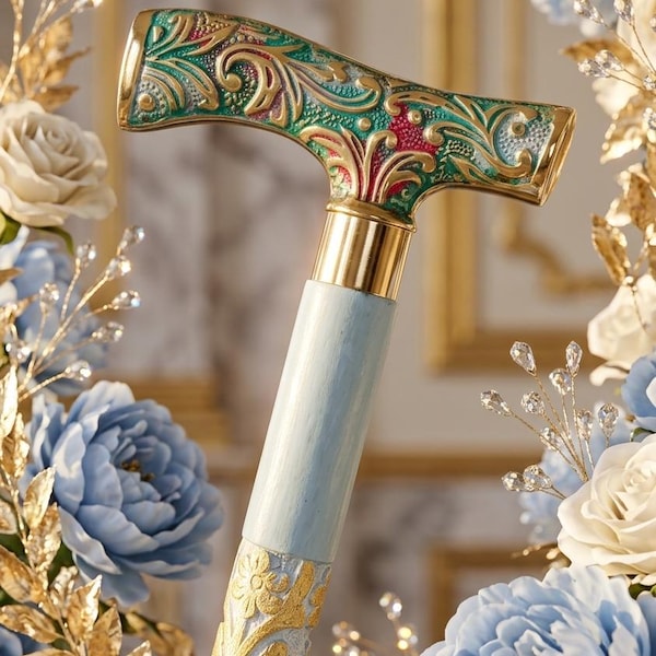 Hand Carved Floral Walking Cane: Luxury Wooden Walking Stick, Engraved Brass Handle, Women's Gift