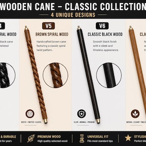 May include: A display of four wooden canes from the Classic Collection, labeled V4, V5, V6, and V7. The canes include black spiral wood, brown spiral wood, classic black wood, and classic brown wood, each featuring a metal tip and top connector.
