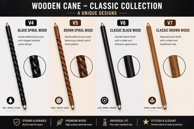 May include: A display of four wooden canes from the Classic Collection, labeled V4, V5, V6, and V7. The canes include black spiral wood, brown spiral wood, classic black wood, and classic brown wood, each featuring a metal tip and top connector.
