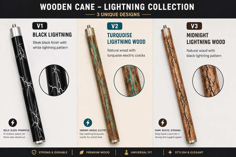 May include: Three wooden cane shafts from the Lightning Collection. V1 is black with white lightning patterns. V2 is natural wood with turquoise electric cracks. V3 is natural wood with black lightning patterns. Each has a metal top and bottom.