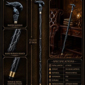 May include: A walking stick with a total length of 37 inches, featuring a black shaft with a white hand-burned lightning design and a metallic raven and skull handle. The base and handle collar are made of brass-toned metal.