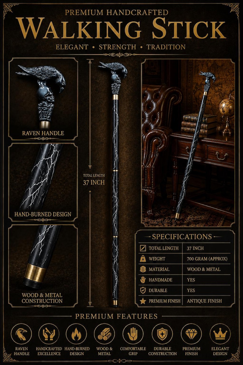 May include: A walking stick with a total length of 37 inches, featuring a black shaft with a white hand-burned lightning design and a metallic raven and skull handle. The base and handle collar are made of brass-toned metal.