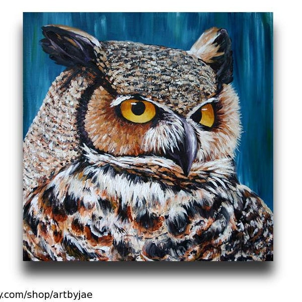 Owl Painting Original Large Wall Art 20x20 on Canvas, Realistic Owl