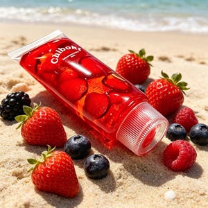 May include: A clear, flexible plastic tube filled with a bright red, translucent gel containing whole strawberries, labeled with the white text Chiboky. The tube is surrounded by fresh strawberries, blueberries, and raspberries.