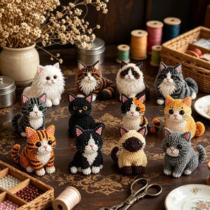 3D-kattenkit met kralen - 4 handgemaakte kittenknutselset voor kattenliefhebbers, bureaudecoratie cadeau met patronen, attent cadeau voor kattenliefhebbers