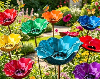 Flower Shaped Bird Bath Garden Stake, Outdoor Floral Water Dish for Birds & Pollinators, Yard Decor / Bird Feeder Bowl, Yard Art Decor