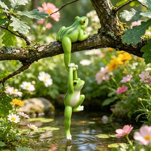 May include: A green frog figurine perched on a tree branch, holding the hand of a second green frog figurine that hangs vertically above a pond. Both frogs have smooth skin, dark eyes, and light-colored bellies, suspended in a garden setting.