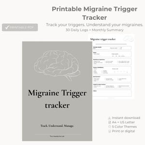 Op de afbeelding: Een printbaar migraine-trigger-tracker document met een grijze omslag, een witte hersenomtrek en de tekst Migraine Trigger tracker. De binnenpagina bevat secties voor episodedetails, slaap, voeding, hydratatie, stress en de omgeving.