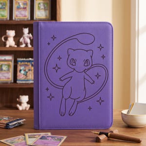 Puede incluir: Una carpeta para tarjetas coleccionables de color morado con una ilustración de líneas de color morado oscuro del personaje Mew centrada en la portada, rodeada de pequeños detalles de estrellas de cuatro puntas. Acabado exterior liso.