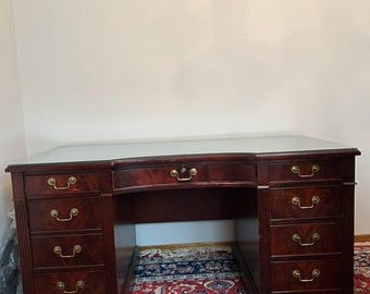 Antique Solid Wood Executive Collector Desk with Glass Top