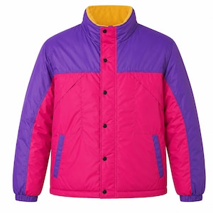 May include: A colour-blocked puffer jacket featuring a bright pink main body with purple sleeves and shoulder panels. The jacket has a high collar with a yellow interior lining, a front snap-button closure, and two side pockets with purple trim.