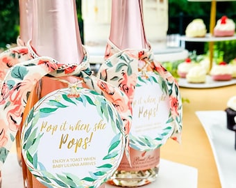 Green Wreath Baby Shower Favor Tags – Pop It When She Pops Champagne Tags