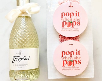 Strawberry Baby Shower Favors, Berry Sweet Baby Shower Decor, Champagne Tags, Pop it when she pops, Red, Pink, Baby Shower Decorations, Girl