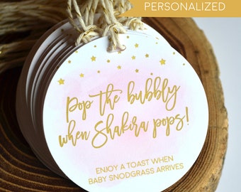 Pink Watercolor Baby Shower Favors, Girl Baby Shower, Pop it when she pops, Ombre, Personalized Gift Tag,Champagne Baby Shower Tags,Pop tags