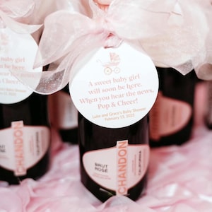 Pop It When She Pops Tags – Baby Shower Favor Tags – Pink Baby Carriage – Mini Champagne Bottle Tags – Personalized Baby Girl Shower Favors