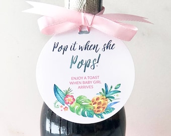 Tropical Baby Shower Favor Tags, Champagne Toast, Personalized