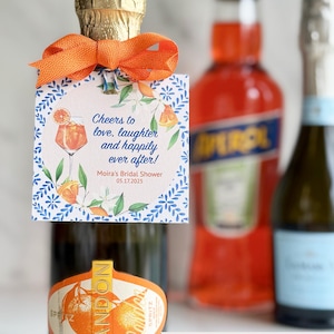 Mini etiquetas de champanhe para chá de panela Aperol Spritz, etiquetas personalizadas para garrafas de espumante, Amor à primeira borrifada, Laranja cítrica, Amalficore