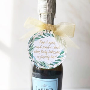Etichette per bomboniere con champagne, genere neutro, tema natura, etichette regalo personalizzate, etichette per baby shower con champagne, verde, sorseggia sorseggia evviva, cin cin