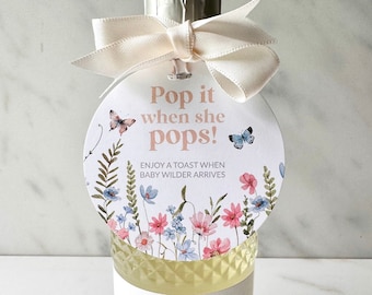 Butterfly Baby Shower Favor Tags, Floral Champagne Label, Personalized, Baby in Bloom