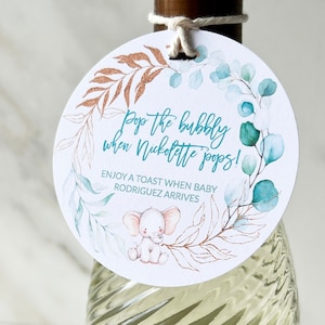 Etiquetas de champán para baby shower, ideas para baby shower, baby shower de elefante, personalizado, regalos para baby shower de niño, destapa el champán, azul