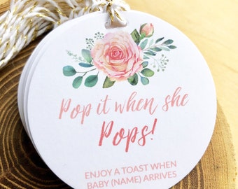 Floral Mini Champagne Baby Shower Tags, Pop It When She Pops Tags, Baby Shower Favors for Girl, Pink Baby Shower, Personalized, Fast Service
