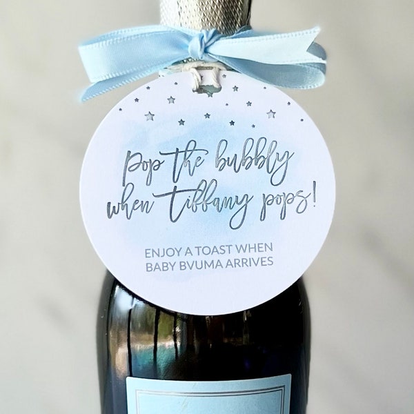 Recuerdos para baby shower de niño, etiquetas para mini botellas de champán, etiquetas para descorchar la burbuja, brindis personalizado por el bebé niño, baby shower azul, es un niño