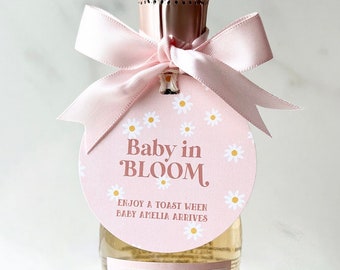 Baby In Bloom Baby Shower Ideas, Floral Champagne Tags, Retro Daisy, Baby in Bloom Baby Shower Favors, Personalized Baby Shower Favor