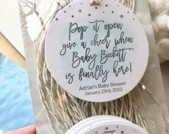 Blue Baby Shower Tags, Mini Champagne Baby Shower Tags, Pop It When She Pops, Baby Shower Favors, Champagne Tags, Pop it Open, Give a Cheer