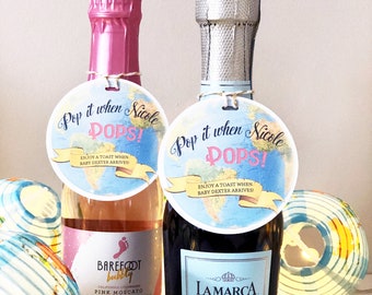 Around the World Baby Shower Favors, Pop it when she pops, Our Greatest Adventure, Travel Theme, Personalized, Champagne Baby Shower Tags