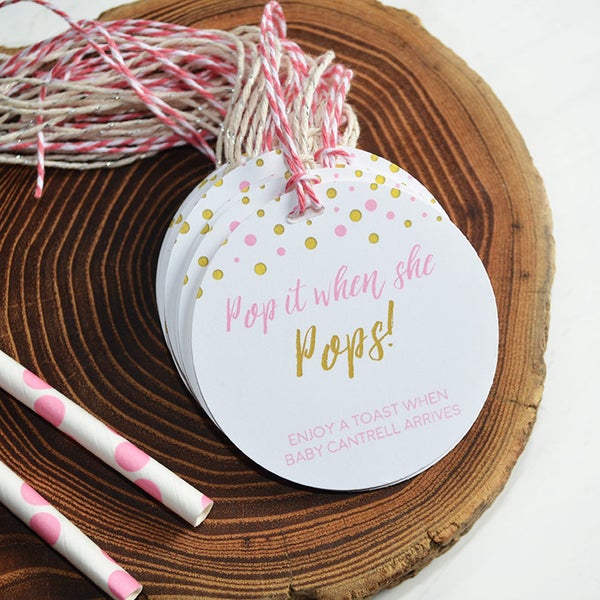 Baby Shower Favors, Girl Baby Shower, Baby Girl, Pop it when she pops, Pink Baby Shower, Étiquettes cadeaux personnalisées, Champagne Baby Shower Tags