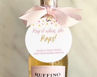 Personalized Baby Shower Favor Tags: Pink Champagne Toast