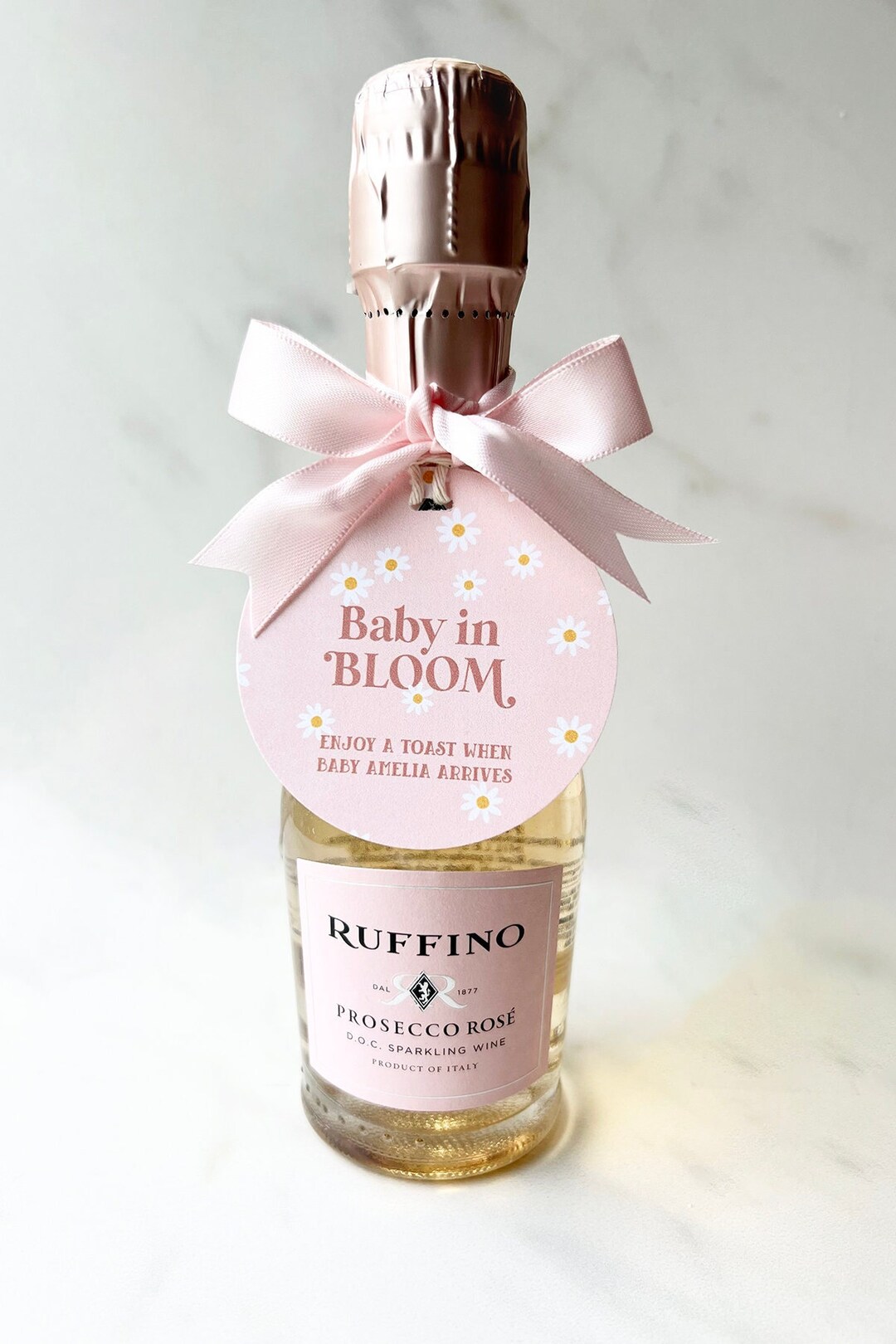 Baby in Bloom Baby Shower Ideas, Floral Champagne Tags, Retro Daisy
