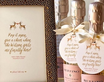 Cadeaux de naissance mixtes pour les invités, étiquettes de champagne avec rennes des bois, cadeaux de naissance de Noël, à déguster quand elle accouche