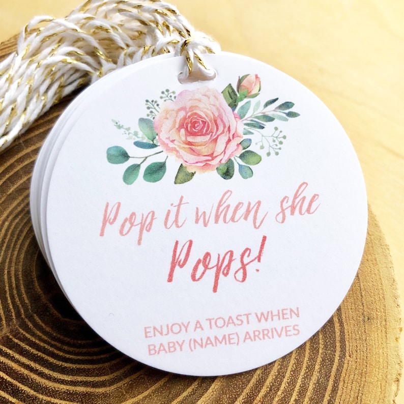 Floral Mini Champagne Baby Shower Tags, Pop It When She Pops Tags, Baby Shower Favors for Girl, Pink Baby Shower, Personalized, Fast Service image 1