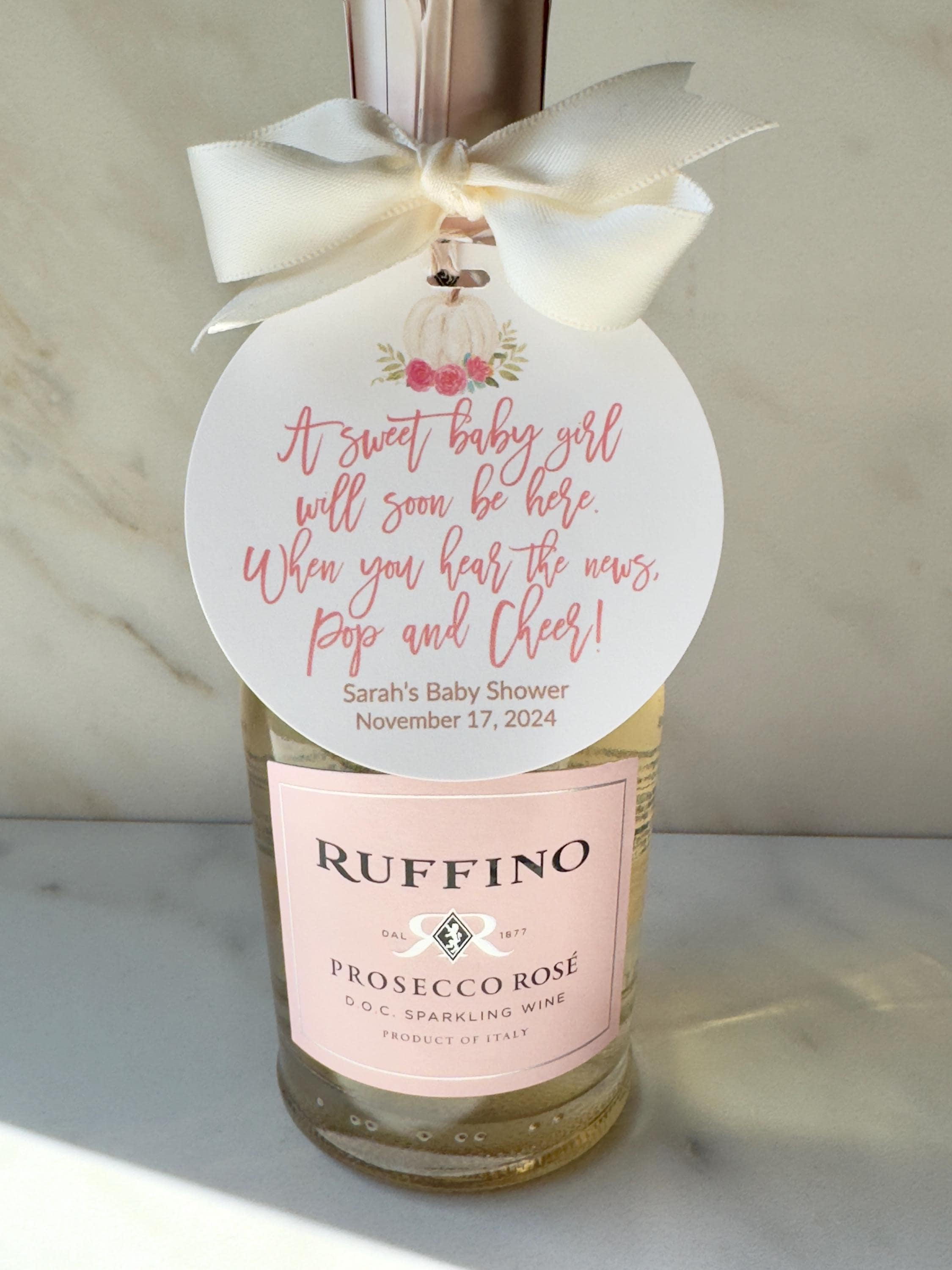 Fall Baby Shower Favor Tags, Pink Floral White Pumpkin Champagne Tag, Little Pumpkin Autumn Shower Decoration, Fast Shipping, Pop and Cheer