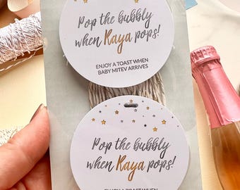 Personalized Baby Shower Favor Tags | Mini Champagne Bottle Tags (Pop When She Pops)