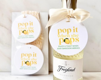 Amalfi Lemon Baby Shower Favor Tags, Personalized Mini Champagne Bottle Tags, Pop It When She Pops, Italian Lemon Baby Shower Favors