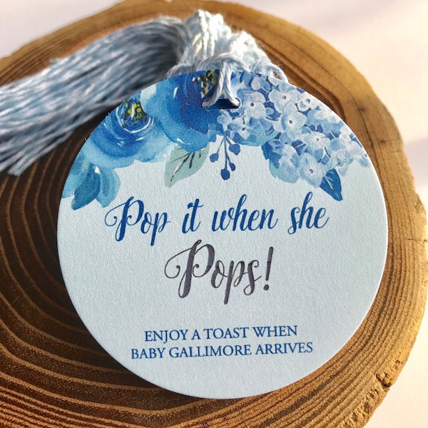 Blue Floral Baby Shower Tags,Champagne Baby Shower Tag,Pop it when she POPS,Boy Baby Shower Ideas,Personalized Gift Tags, Baby Shower Favors