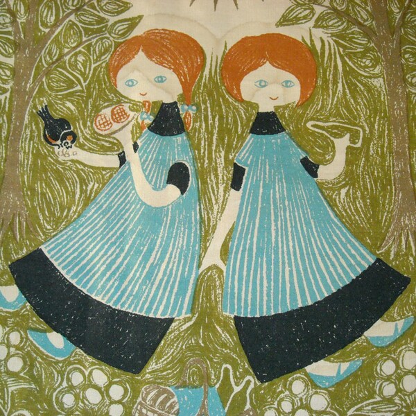 Danish hand printed fabric wall hanging, Aase Og Preben Jangaard, two girls picnic scene