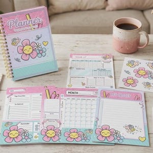 May include: A collection of stationery items, including a spiral-bound planner, notepads, pens, and stickers. The planner and notepads feature a floral design with a smiling flower. The color scheme includes pink, blue, and yellow.