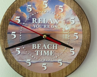 Relax, You're on "Beach Time".  5 o'clock wall clock. Beach, Vacation home clock, Beach home, Beach home wall clock.