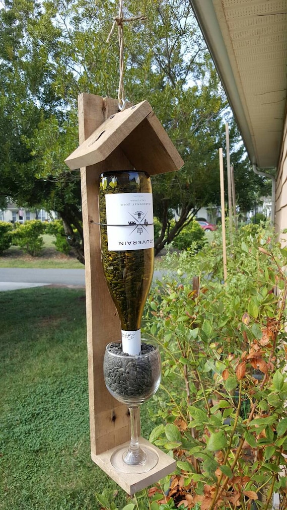 Wine bottle bird feeder. Bird Feeder Bottle Bird Feeder Wood Etsy